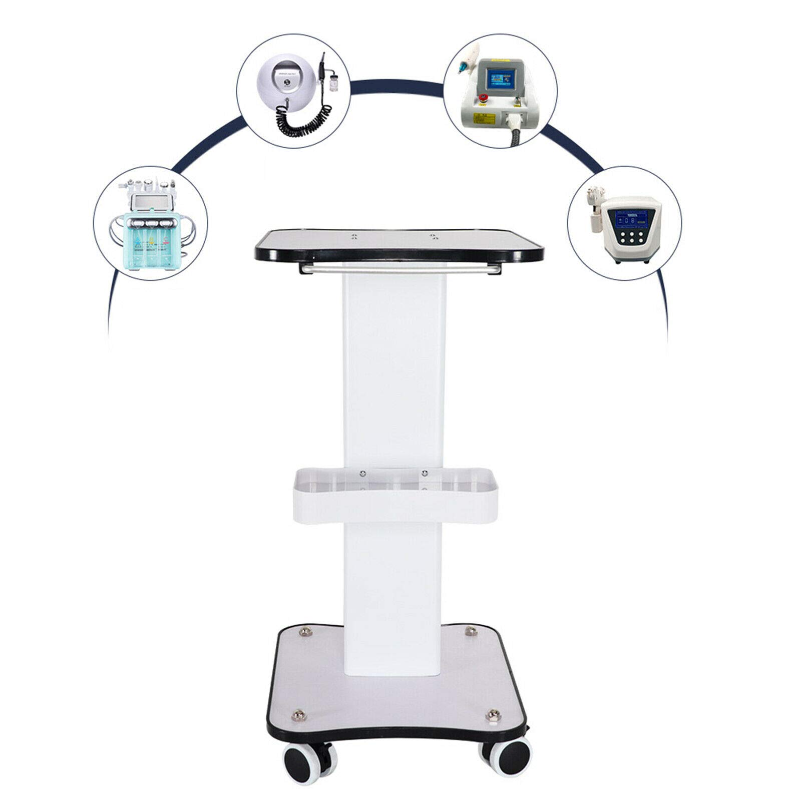 Professional Salon Trolley Cart - Aluminum Mobile Rolling Stand for Ultrasonic Cavitation, RF Machines & Spa Equipment | Medical Grade Beauty Station with Wheels (White/Black) | Perfect for Manicure, Facial Treatments & Clinic Use