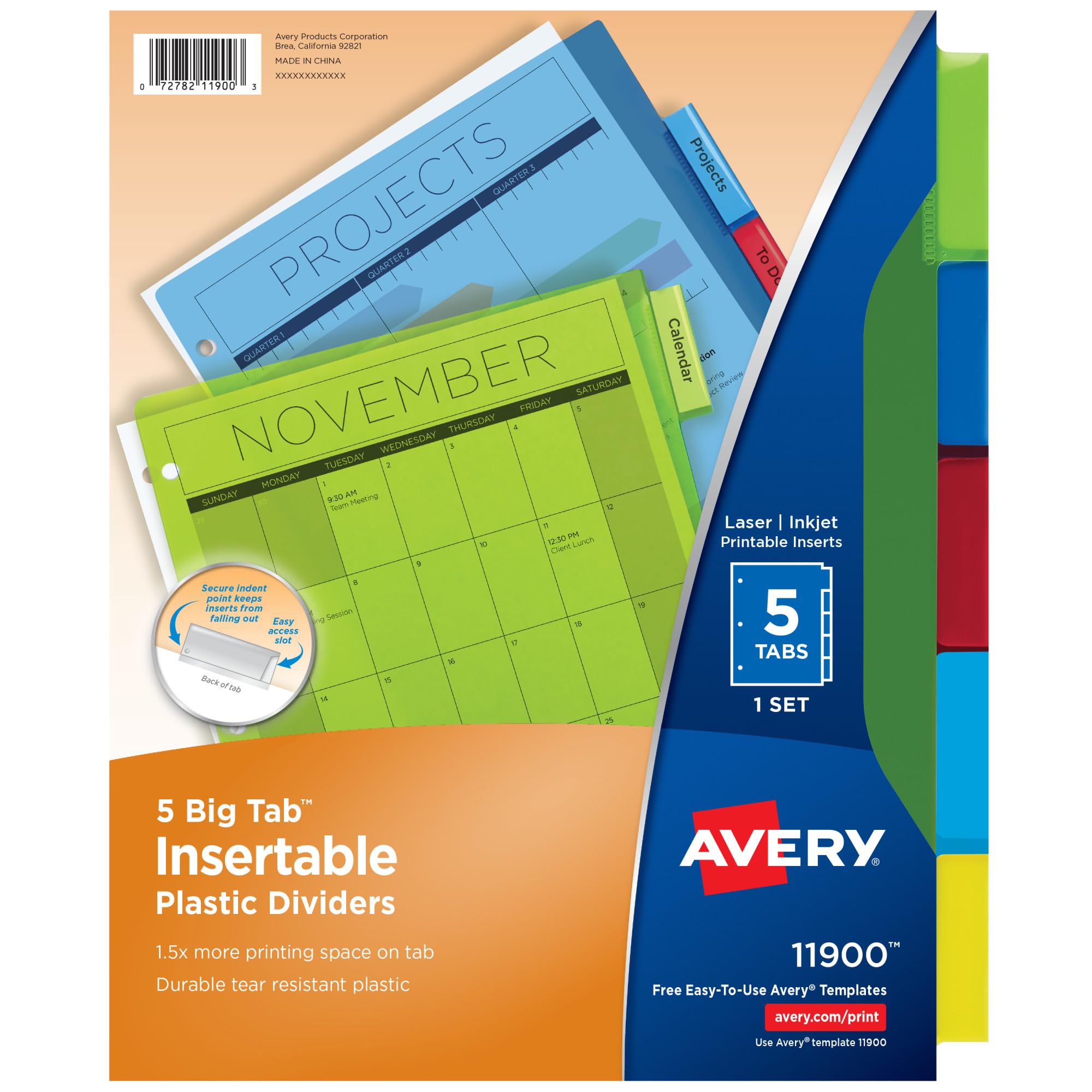 Avery 5-Tab Plastic Binder Dividers for 3-Ring Binders - Multicolor Insertable Big Tabs, 1 Set (11900) - Perfect for School, Office Organization & Document Filing