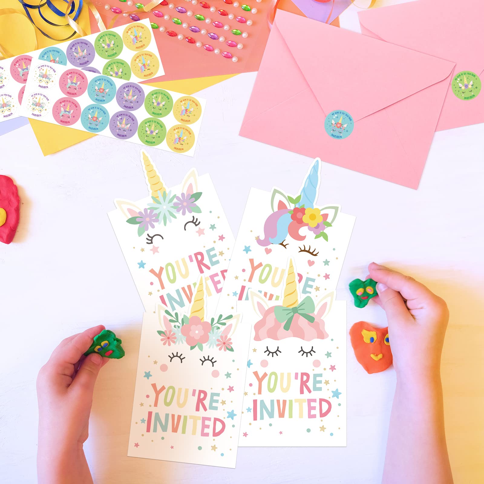 24 Sets Mermaid Birthday Invitations with Envelopes & Stickers - Unicorn Butterfly Rainbow Teapot Elephant Themed Party Supplies for Kids Birthday, Baby Shower, Pool Party - Perfect for Mermaid Themed Decorations & Underwater Fantasy Celebrations