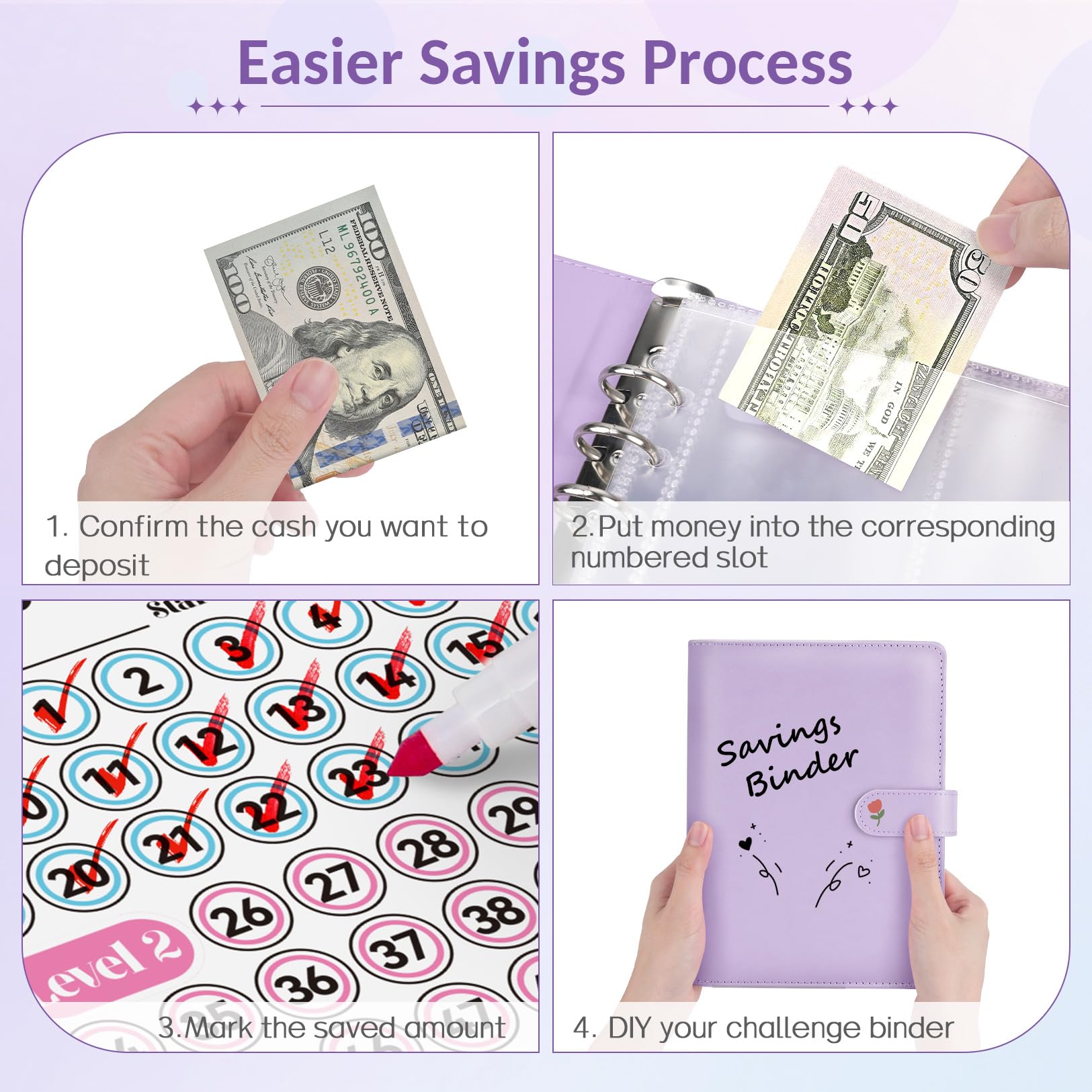Sooez 100 Envelopes Money Saving Challenge Kit - $5050 Savings Tracker with Pre-Numbered Purple Binder & Motivational Guide | Budgeting Tool for Cash Envelope System, Emergency Fund, or Vacation Savings