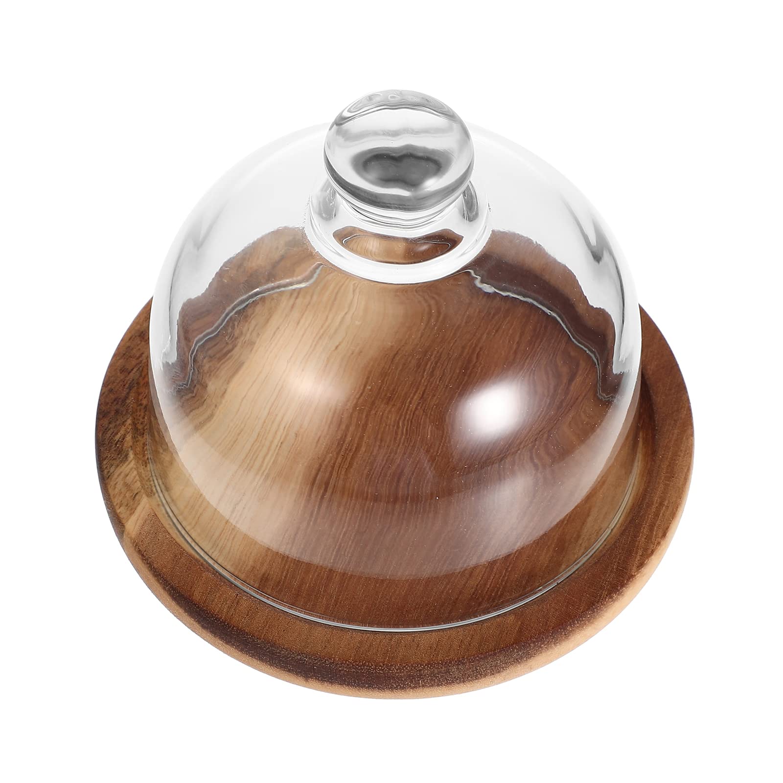 Round Wood Cake Stand with Clear Cloche Dome - 10CM Wooden Cake Plate Server & Pastry Display Cover for Desserts, Wedding Cakes, and Party Treats - Perfect for Home Baking, Tea Parties, and Bakery Showcases
