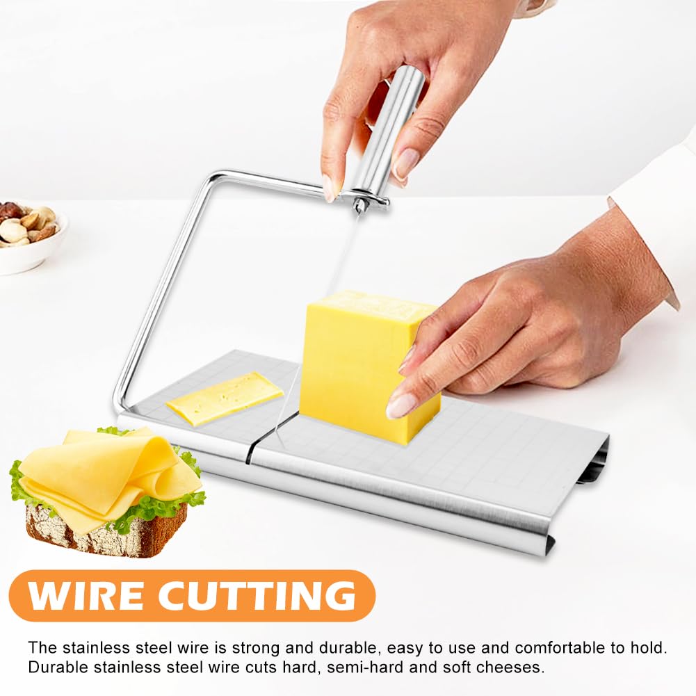 Premium Cheese Slicer Kit with 8 Replaceable Wires, Cutting Board & Measuring Grid - Adjustable for Cheese & Butter - Perfect for Kitchens, Delis & Gourmet Food Preparation