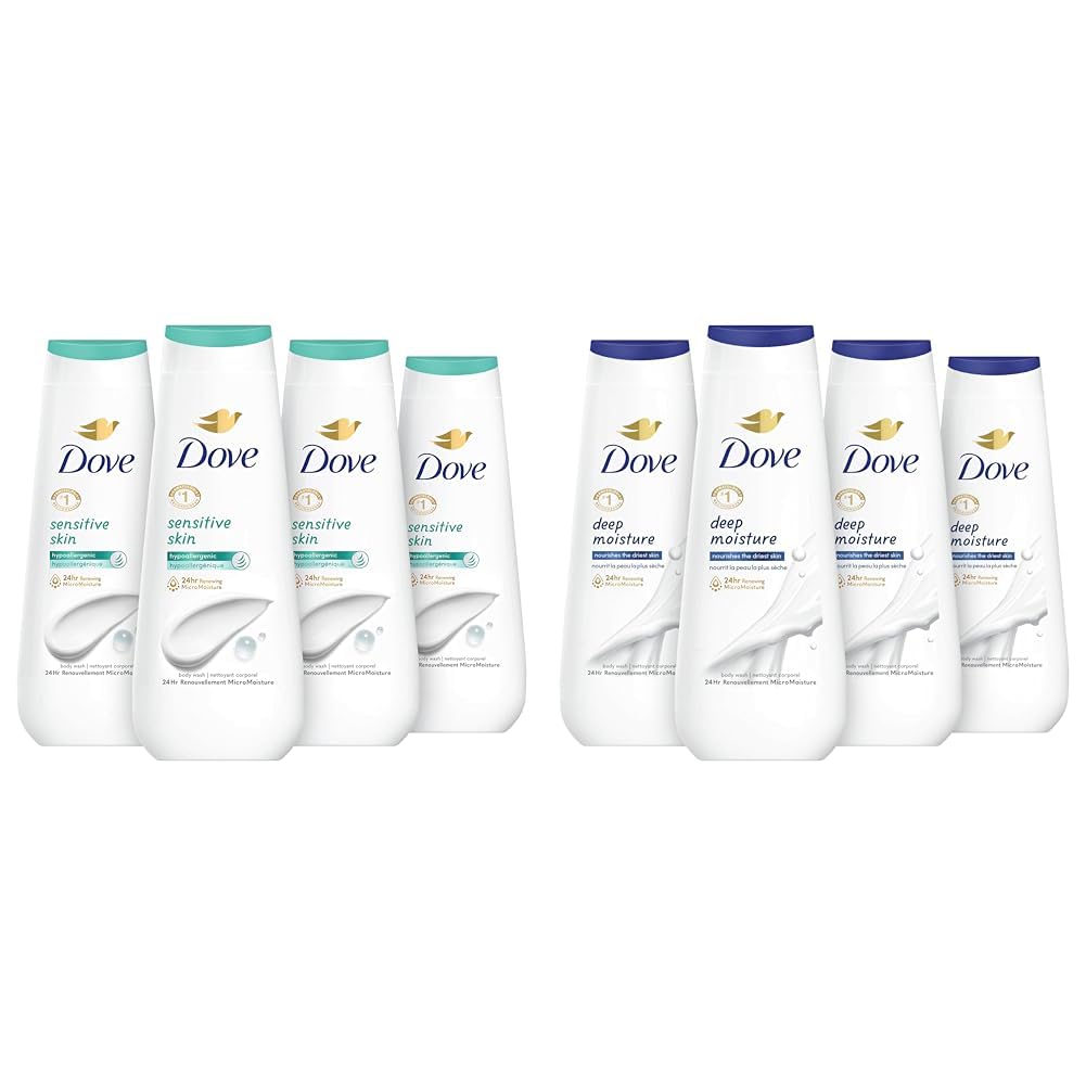 Dove Sensitive Skin Body Wash 4-Pack - Hypoallergenic, Paraben-Free | Deep Moisture Body Wash 4-Pack for Dry Skin - Gentle Moisturizing Skin Cleanser | Perfect for Daily Shower & Bath Routine, Ideal for Sensitive & Dry Skin Care