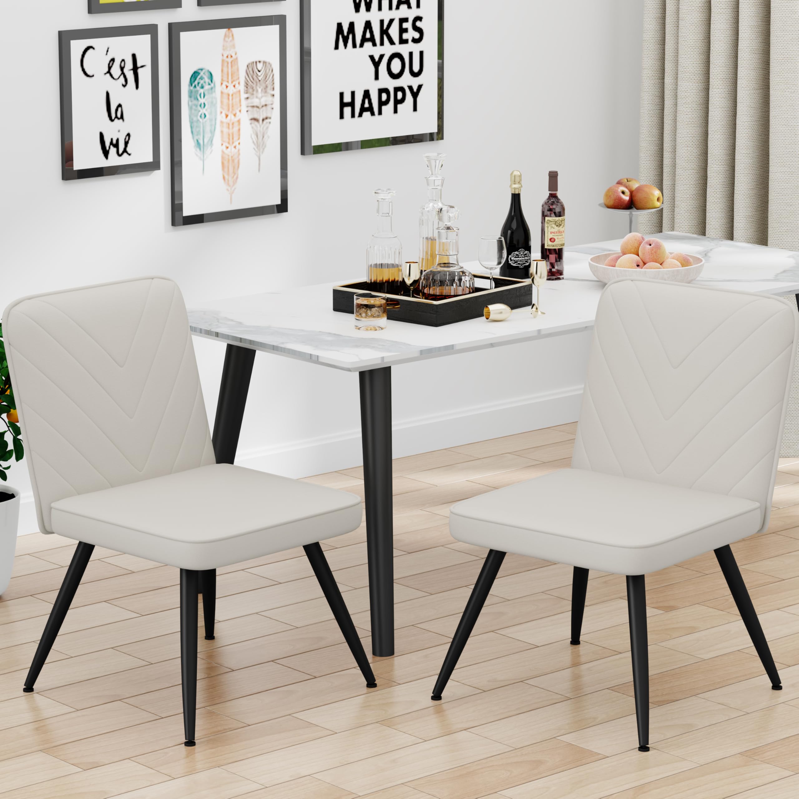 Modern Upholstered Dining Chairs Set of 2, Armless Fabric Kitchen Table Side Chairs with Sturdy Metal Legs in Ivory - Perfect for Dining Room, Kitchen, or Home Office Desk