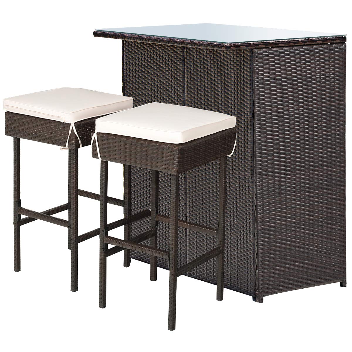 Tangkula 3-Piece Outdoor Patio Bar Set - Rattan Wicker Bistro Set with 2 Cushioned Bar Stools & Tempered Glass Table - Weather-Resistant Outdoor Furniture for Backyard, Garden, Poolside & Patio (Beige) | Perfect for Entertaining, Relaxing & Outdoor Dining