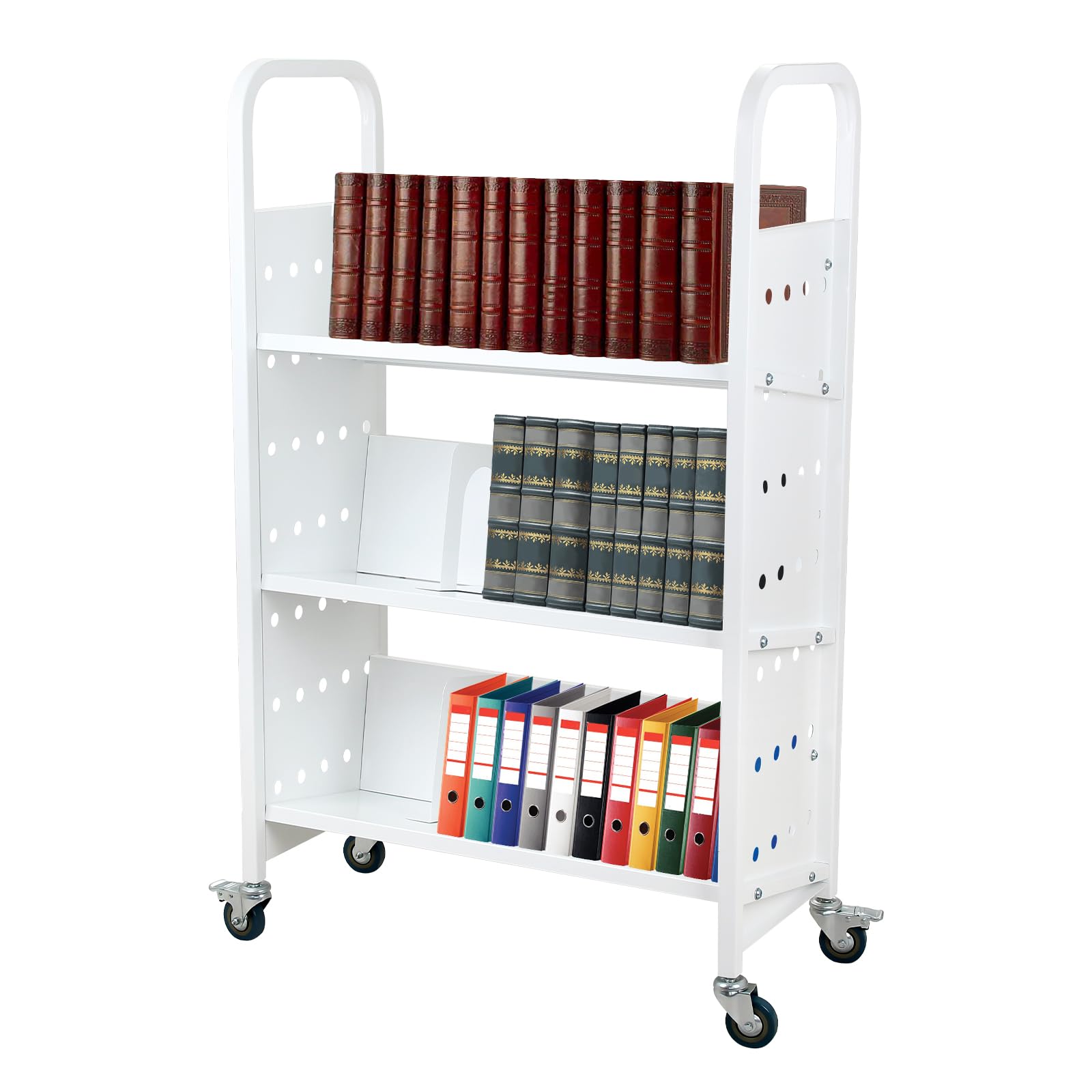 3-Shelf Rolling Book Cart with Lockable Wheels - V-Shaped Single-Sided Library Cart for Home, Office & School - White | Perfect for Book Storage, Classroom Organization & Mobile Shelving Solutions