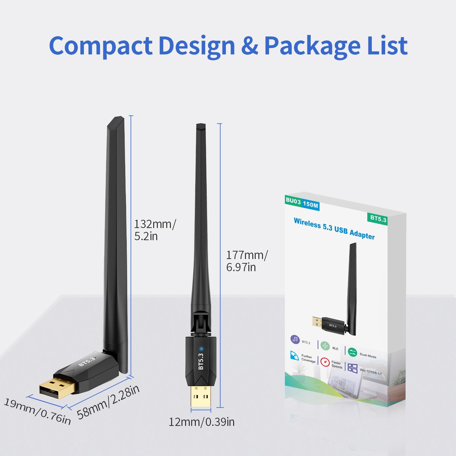 Long Range Bluetooth 5.3 USB Adapter for PC - 492FT Wireless Dongle, Plug and Play Bluetooth Transmitter for Windows 11/10/8.1/7, Compatible with Headphones, Speakers, Mouse, Keyboard (Not for Mac) - Perfect for Home Office, Gaming, and Wireless Audio Streaming