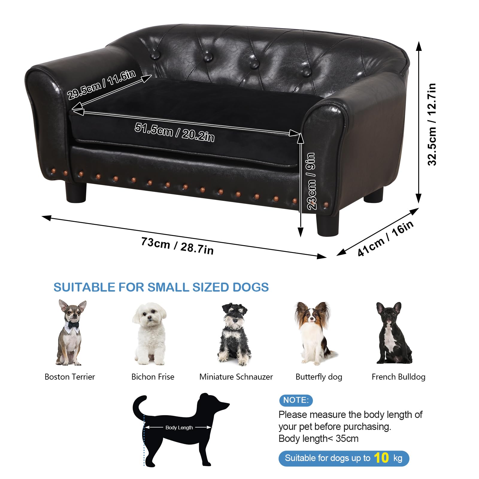 Premium Small Pet Couch Bed for Dogs & Cats - Wooden Frame with Copper Nails, Leather Fabric & Cushion - Cozy Sofa Chair for Puppies & Kittens - Perfect for Living Room, Bedroom or Pet Play Area (Black)