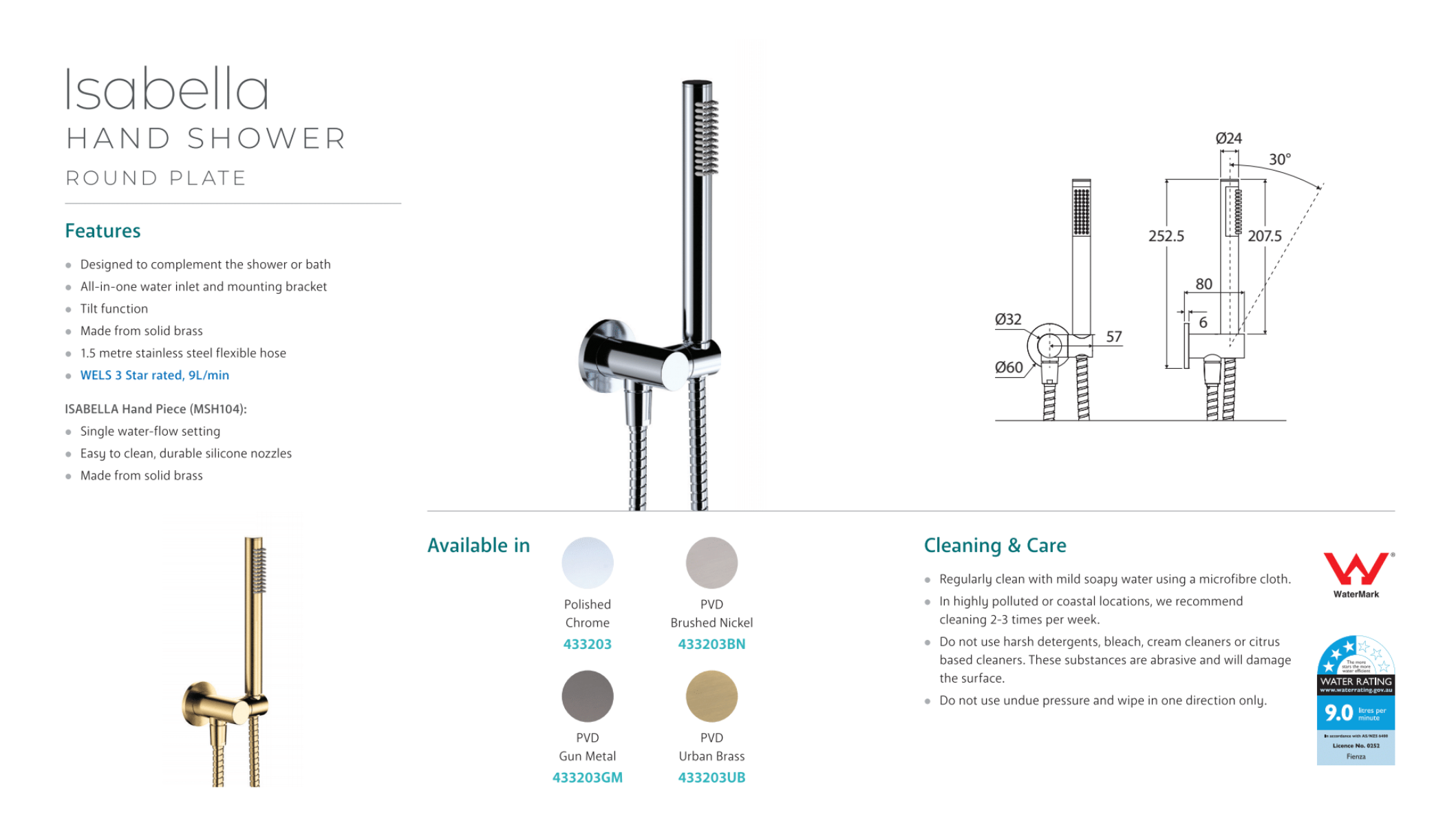 Fienza Isabella Hand Shower - Brushed Nickel Finish - Adjustable Spray Settings for Bathroom & Spa Relaxation
