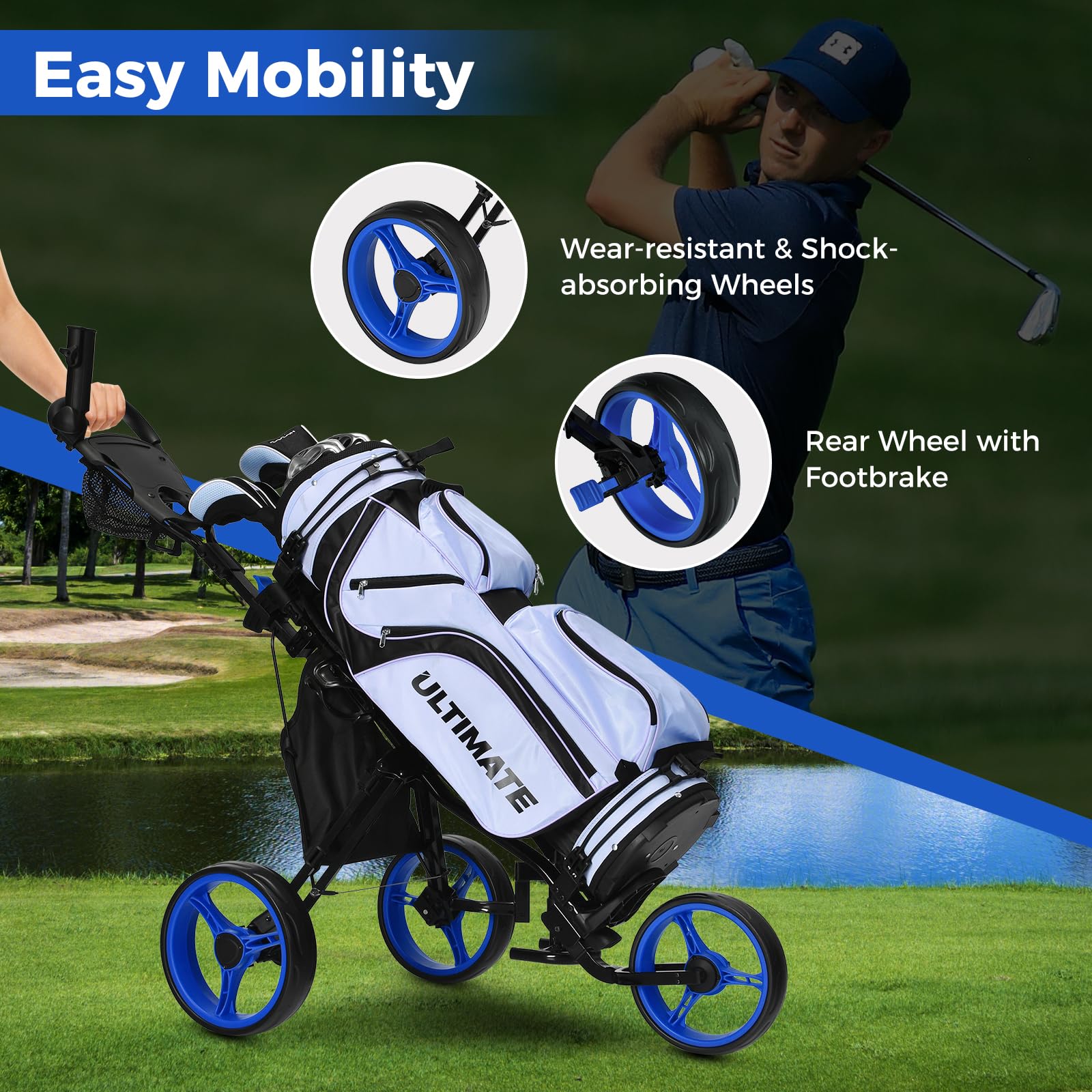 ULTIMATE 3 Wheel Golf Push Pull Cart - Foldable Lightweight Golf Bag Trolley with Adjustable Seat, Handle & Foot Brake | Includes Scorecard Holder, Umbrella Holder, Cup Holder & Storage Bag | Perfect for Golf Courses, Driving Ranges & Outdoor Practice