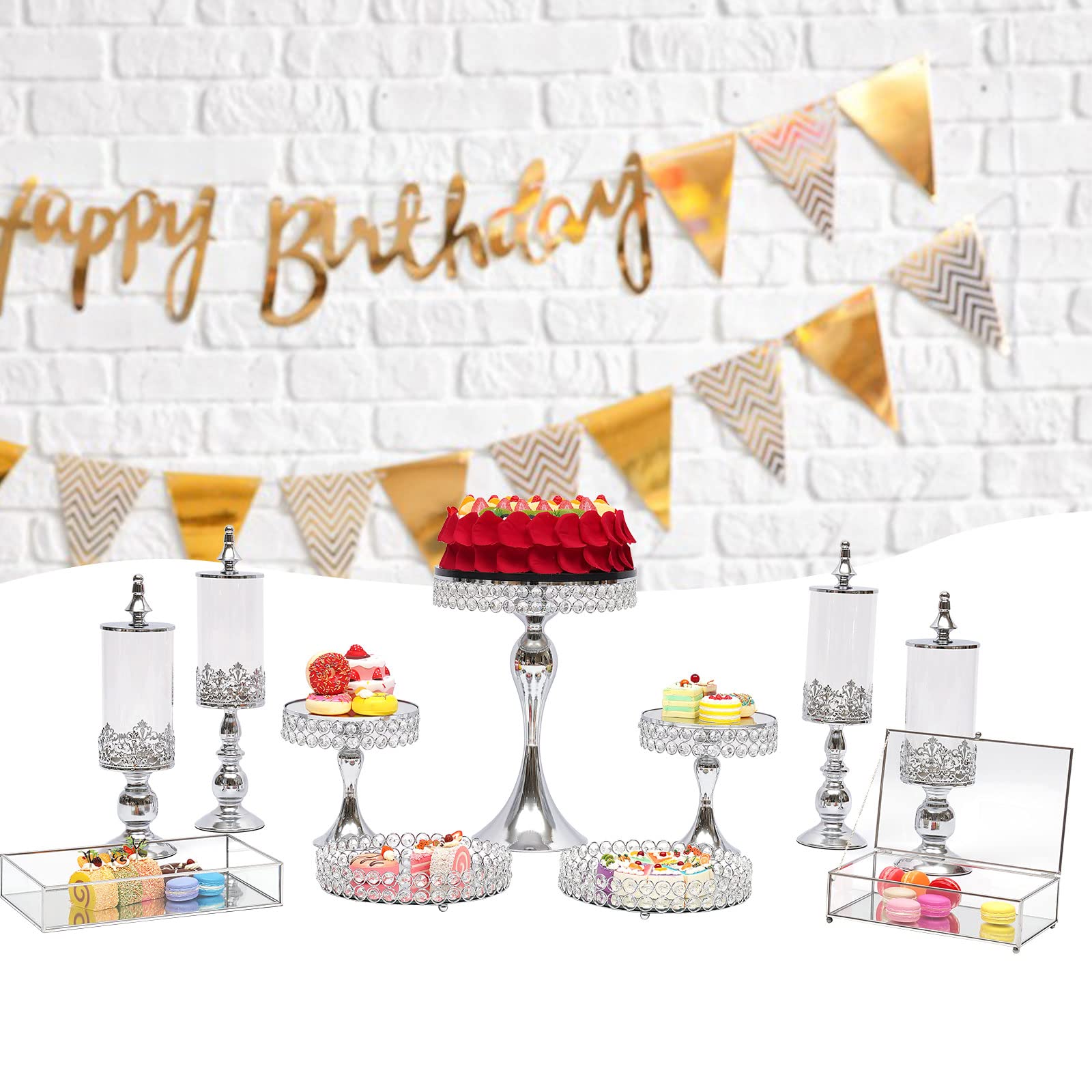 11-Piece Silver Crystal Wedding Cake Stand Set - Elegant Crystal Plated Dessert Display Tower for Wedding, Birthday, Party | Perfect for Cakes, Cupcakes, Cheese & Dessert Presentation