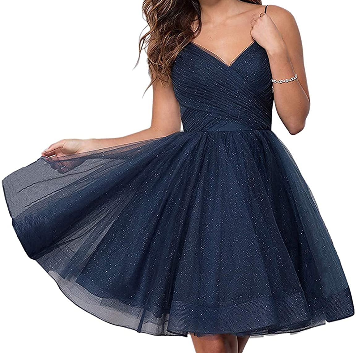 Sparkly V-Neck Tulle Homecoming Dress - Short Pleated Above Knee Formal Gown for Prom, Party & Evening Events - Navy Blue Size 6 - Perfect for Dances, Weddings & Special Occasions