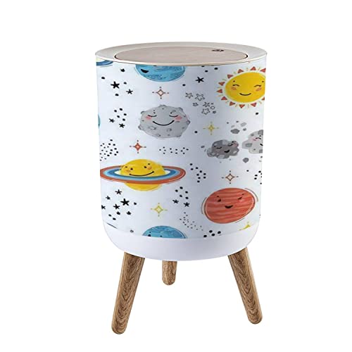 Boho Scandinavian Small Trash Can with Lid - 7L/1.8 Gallon Press Top Dog Proof Wastebasket, Space Planets Solar System Doodle Design for Kitchen, Bathroom, Bedroom & Office - Perfect for Nursery Decor and Home Organization