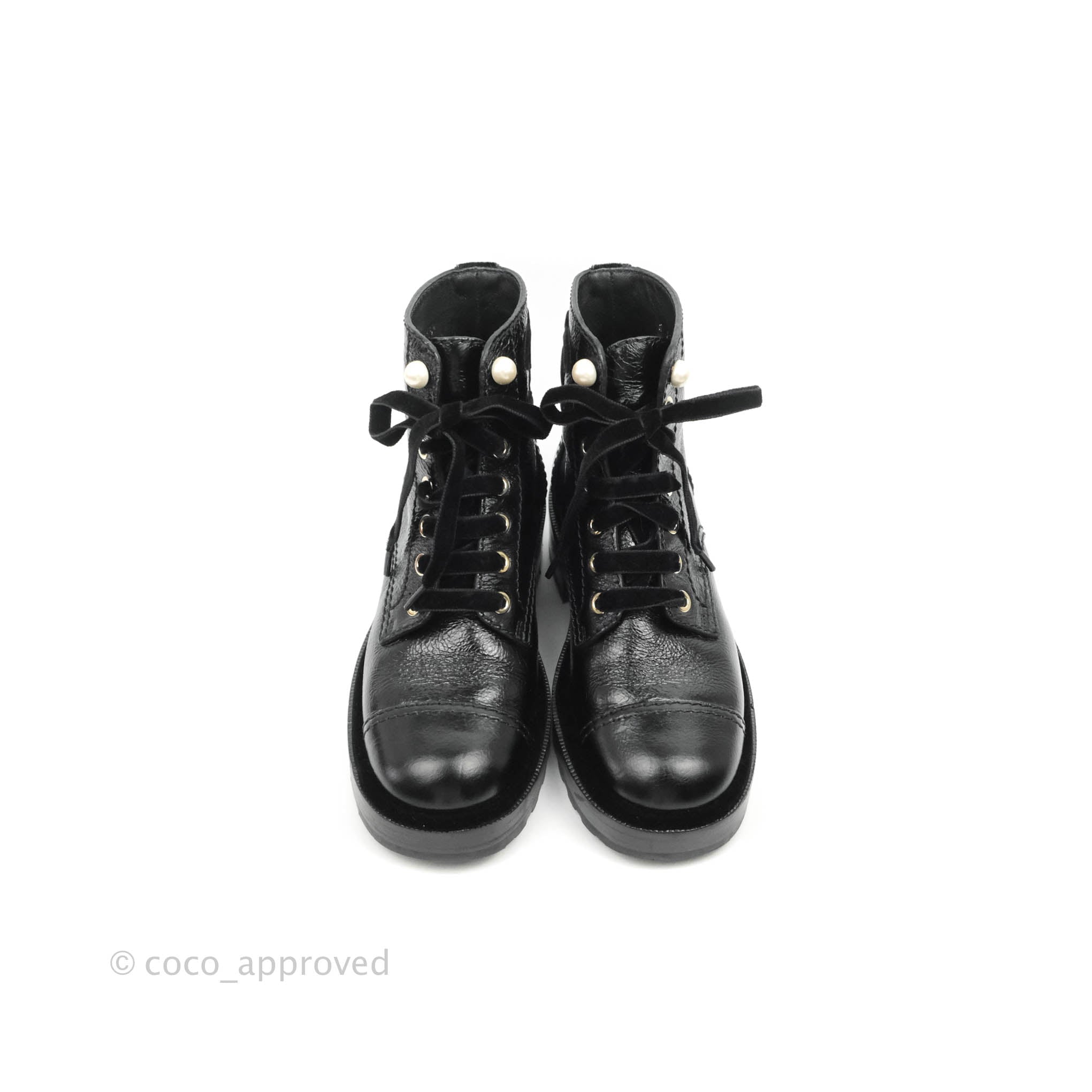Chanel CC Pearl Crumpled Glazed Black Calfskin Combat Boots with Velvet Laces - Luxury Women's Fashion Boots for Party, Night Out & Street Style
