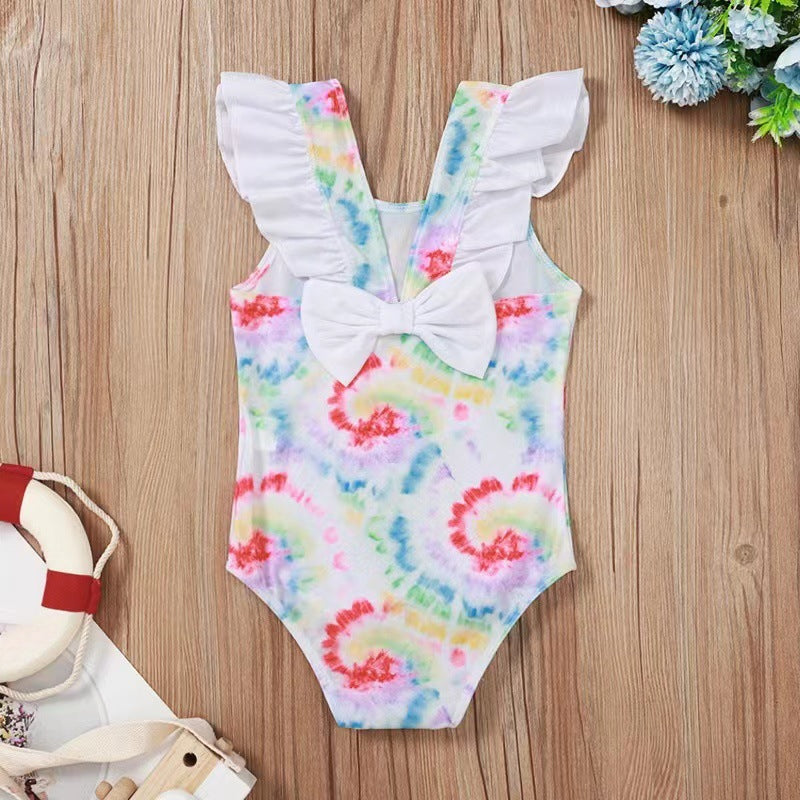 Baby Starfish and Shell Print One-Piece Swimsuit with Lotus Leaf Bow - Cute Beachwear for Toddlers, Perfect for Pool Parties and Summer Vacations