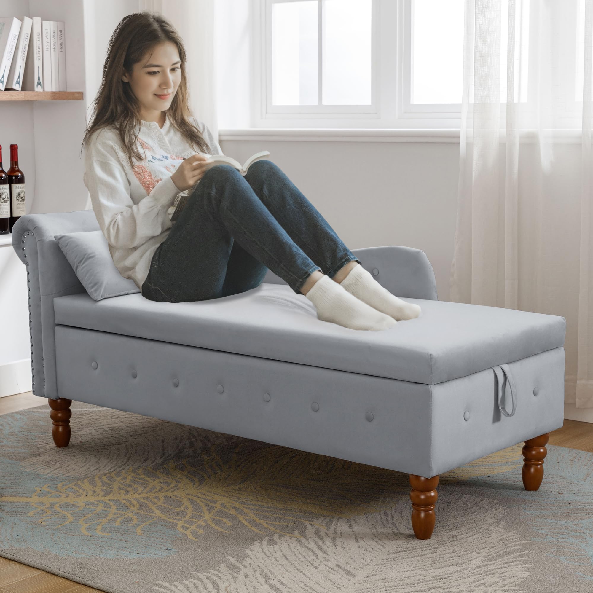 Luxury Velvet Chaise Lounge Chair with Storage - Button Tufted Upholstered Sofa with Lumbar Pillow & Rolled Arms - Modern Chaise for Living Room, Bedroom, Office - Grey - Perfect for Relaxing, Reading & Small Space Decor