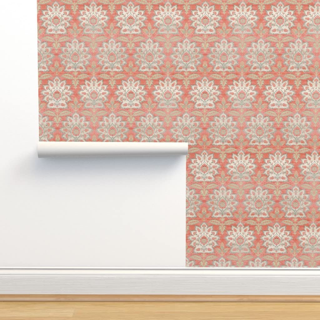 Peel & Stick Removable Wallpaper 12ft x 2ft - Vintage Floral Tulip Damask Print in Mint, Coral & Pink | Self-Adhesive Wall Decal for Bedroom, Nursery, Living Room & Office Decor