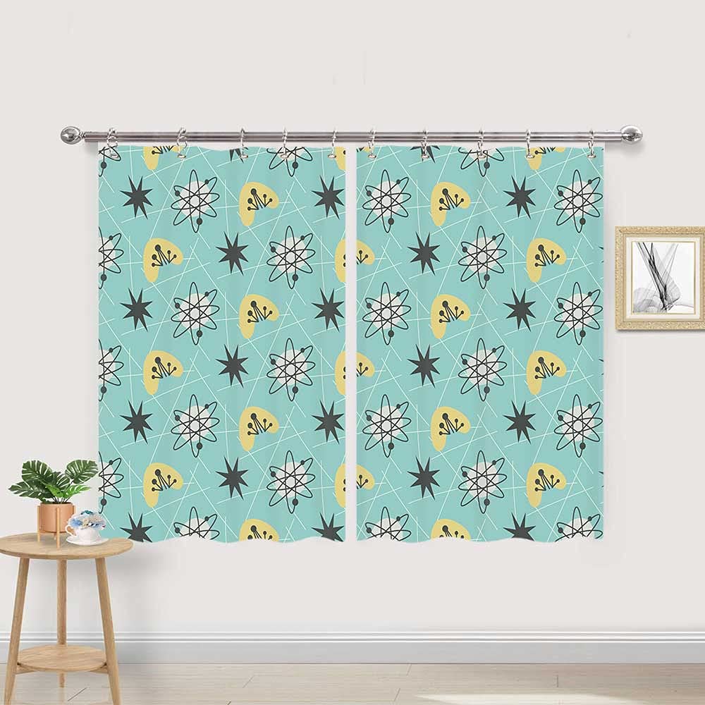 Retro Mid Century Kitchen Curtains Set - 2 Panels Geometric Window Treatment with Hooks, 55x39 Inch - Vintage Abstract Design for Kitchen Windows, Dining Room & Cafe Decor