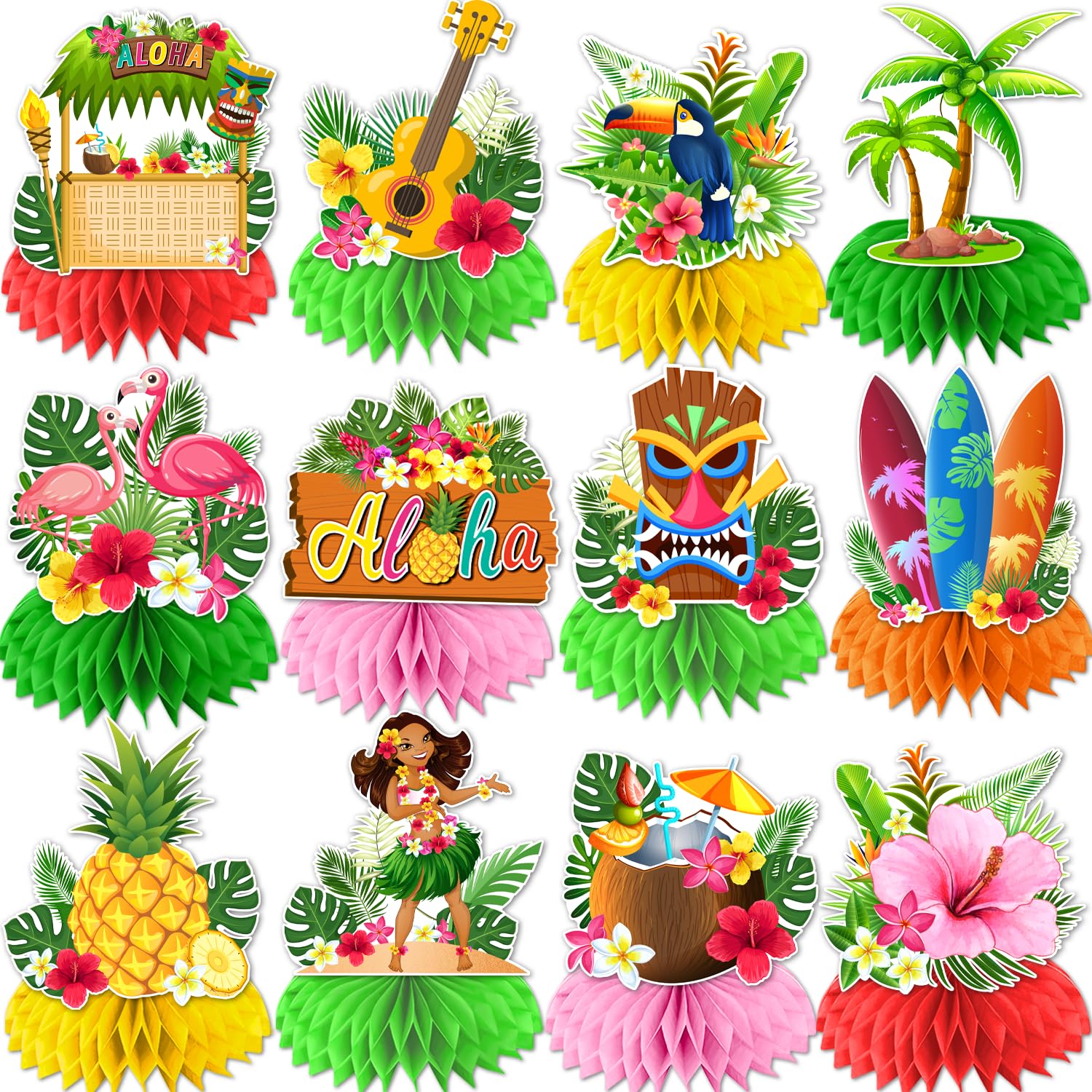 12 Pcs Tropical Honeycomb Centerpieces for Luau Party Decorations - Hawaiian Themed Table Decor, Hawaii Luau Party Supplies, Vibrant Tropical Party Decorations - Perfect for Beach Parties, Summer BBQs & Hawaiian Theme Events
