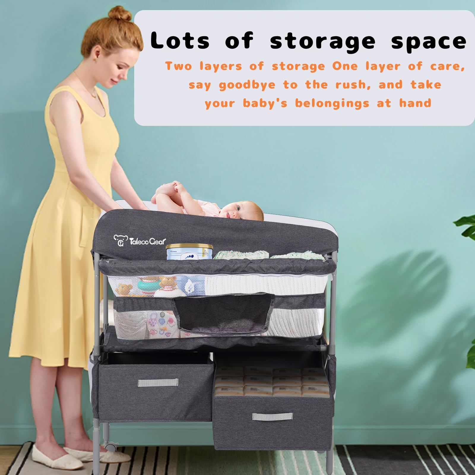 Portable Baby Changing Table with 2 Storage Baskets - Adjustable Height Foldable Changing Station Dresser - Waterproof Soft Pad for Newborns & Infants - Perfect for Nursery, Bedroom & Travel Use