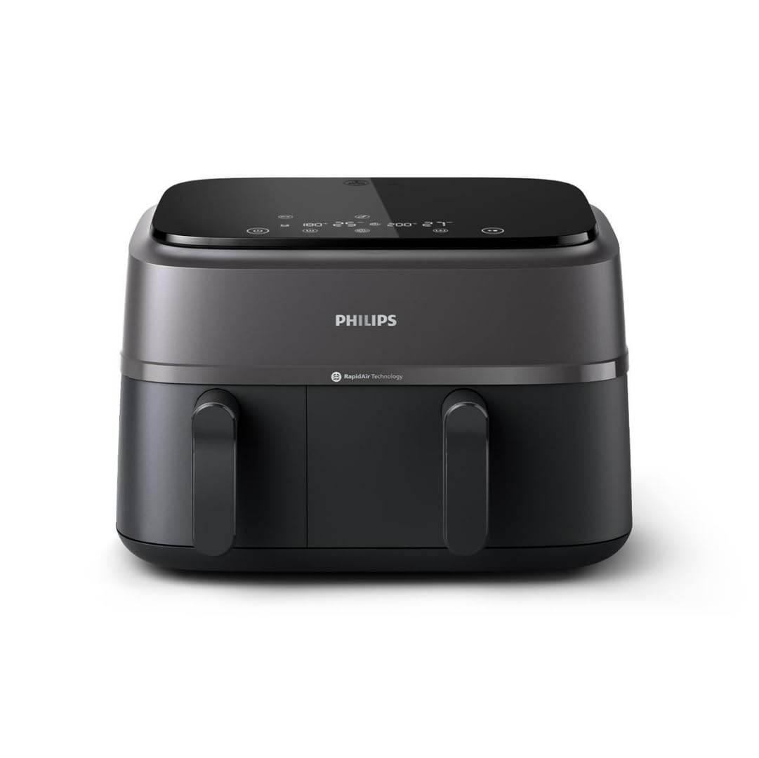 Philips Dual Basket Air Fryer 3000 Series - 8-in-1 Functions, 9.5 Quart Capacity, 2 Drawers with Auto-Sync Cooking | 90% Less Fat, Rapid Air Technology | HomeID Recipe App, Dishwasher Safe | Perfect for Family Meals, Healthy Snacks & Party Cooking (Black, Model NA350/00)
