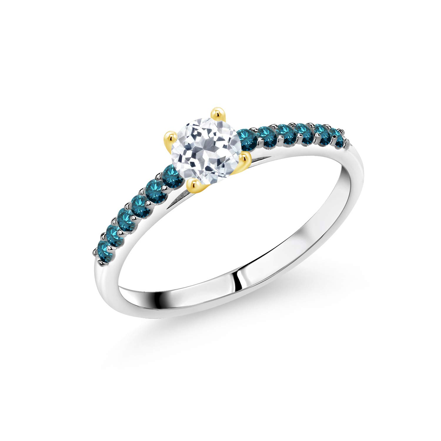 925 Sterling Silver & 10K White Gold Blue Diamond Engagement Ring for Women - 5mm Round White Topaz (0.80 CTTW) - Perfect for Proposals, Anniversaries & Special Occasions