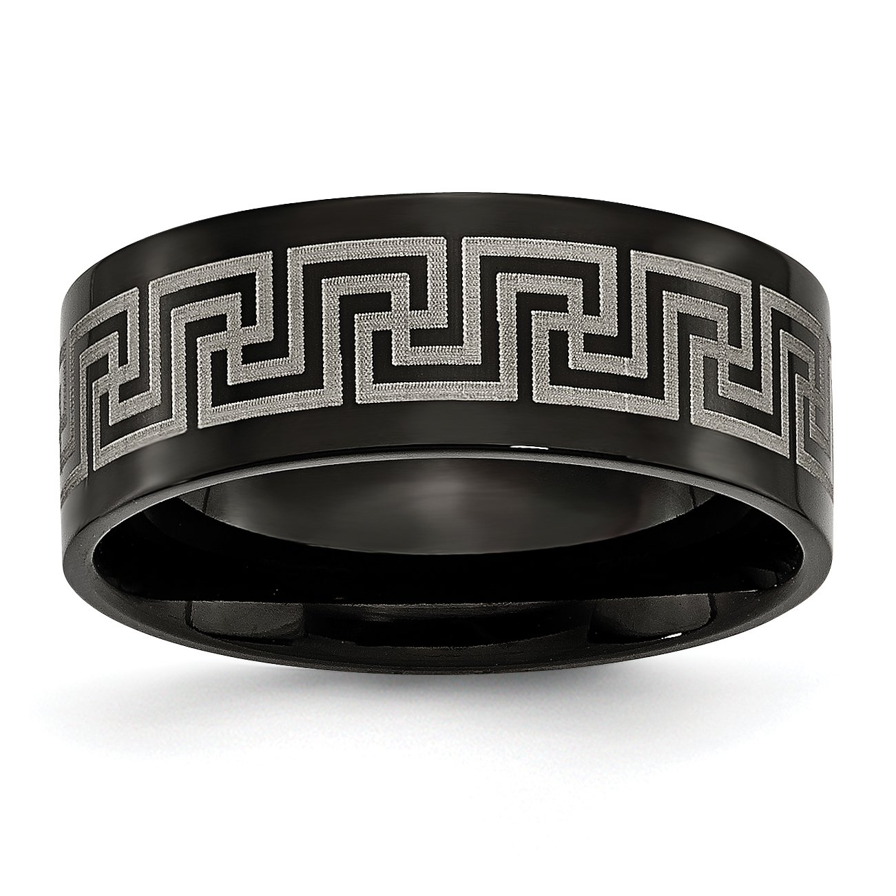 Men's Titanium Black IP-Plated Greek Key Laser Etched 8mm Brushed/Polished Wedding Band Ring - Durable & Stylish for Weddings, Anniversaries & Special Occasions
