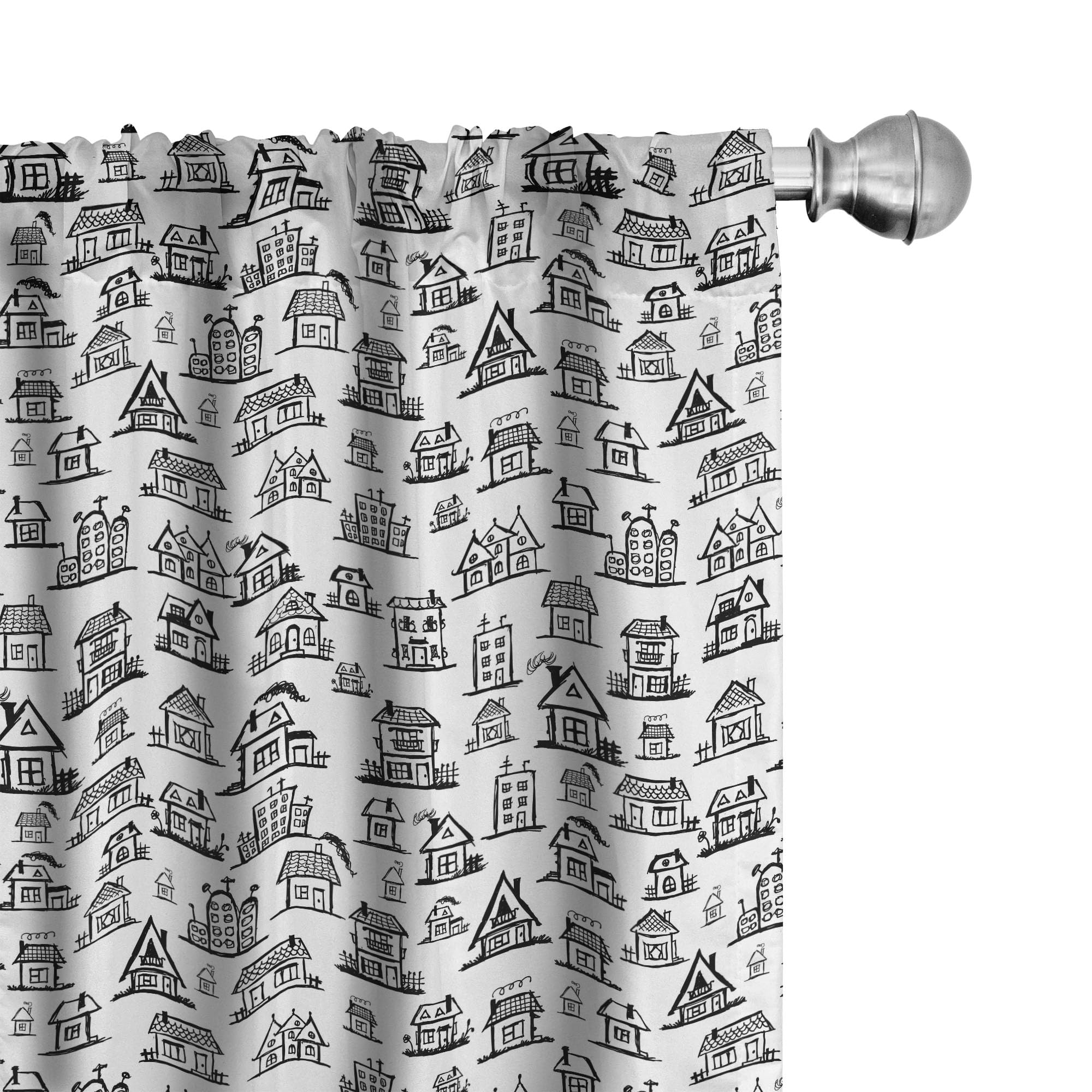 Ambesonne Black and White City Window Curtains - Hand Drawn Monochrome Doodle Architecture Design, 2-Panel Set with Rod Pocket (28