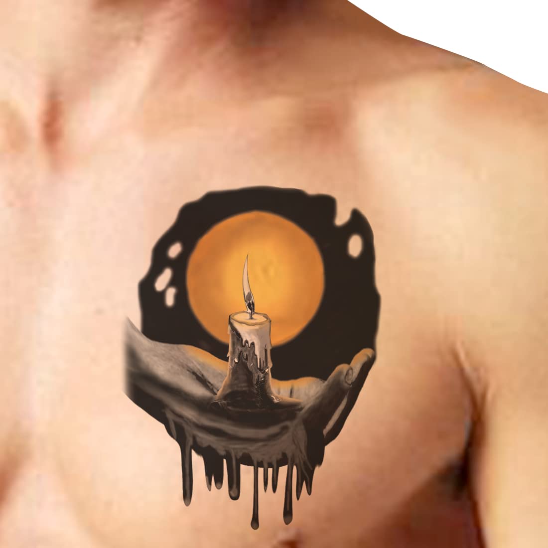 Waterproof Temporary Tattoo for Men & Women - Moon Night Hand Candle Design - Perfect for Halloween, Parties, and Festive Events