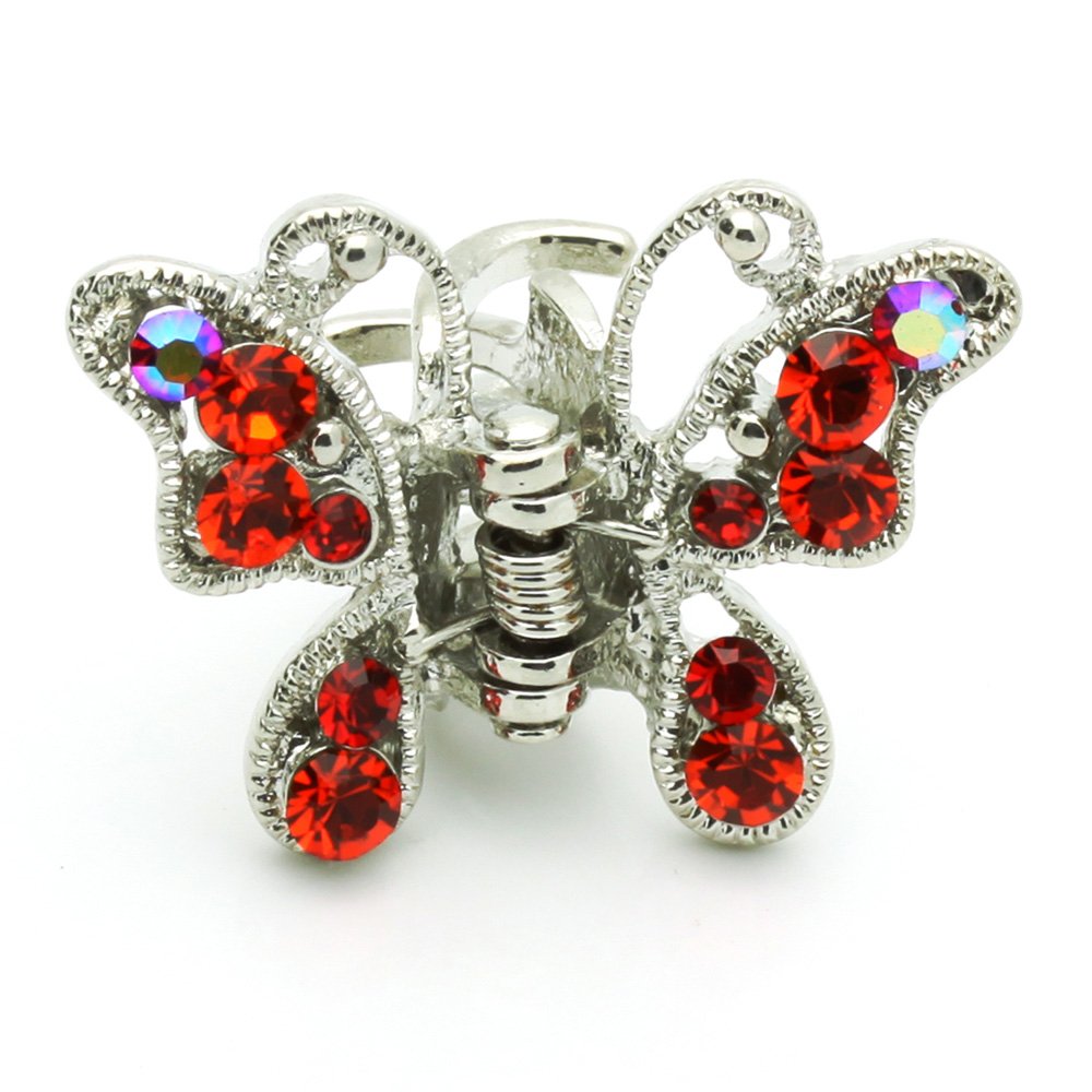 Vintage Butterfly Rhinestone Crystal Hair Claw Clips - Small Decorative Hair Jaw Clips Set of 2 (Red) for Women & Girls - Perfect for Weddings, Parties & Everyday Styling