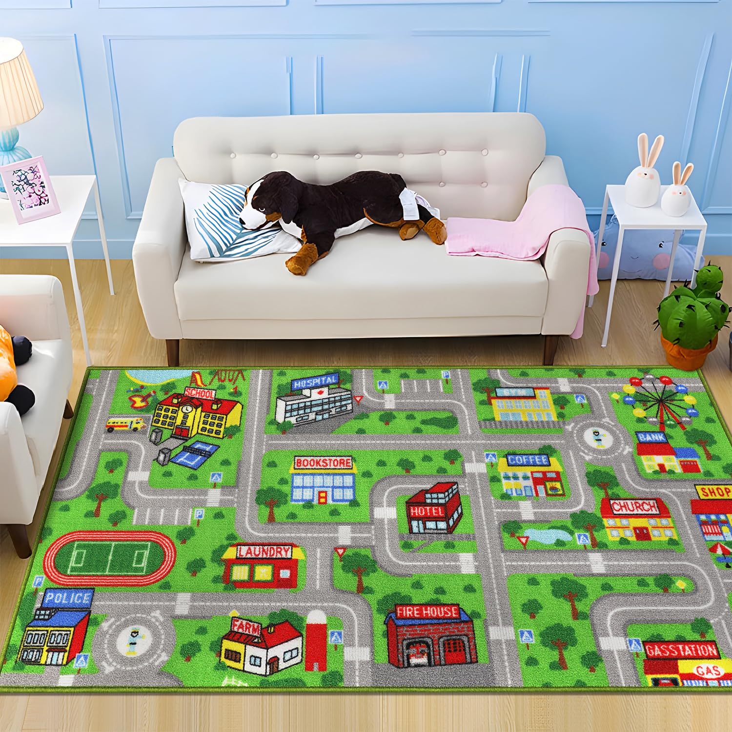 Non-Slip Washable Kids Play Mat - 5'x2.7' Green City Map Road Carpet for Toddler Playroom, Nursery & Bedroom Decor | Perfect for Toy Car Racing, Learning Traffic Rules & Safe Floor Play