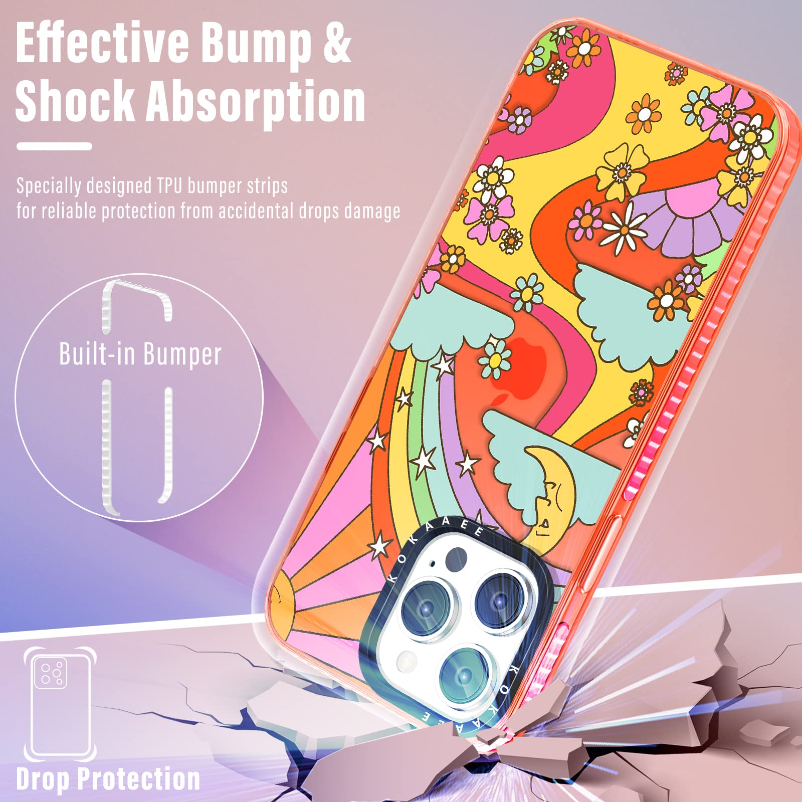 2 in 1 iPhone 14 Pro Case with Ring Holder - Rainbow Girly Cute Retro Floral Design Soft TPU Bumper Cover for Women & Girls (6.1