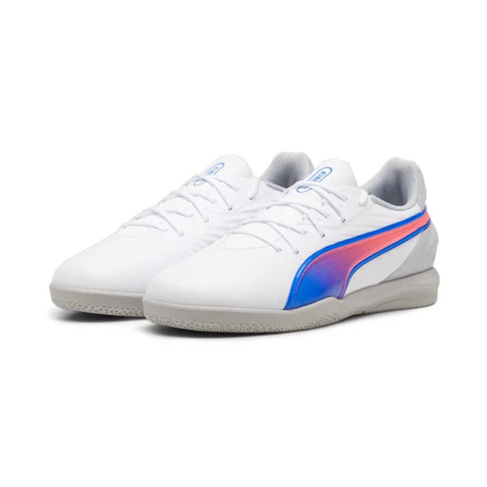 Puma King Match IT Junior Indoor Soccer Shoes for Kids - White/Bluemazing/Light Grey | Perfect for Indoor Football Training & Games