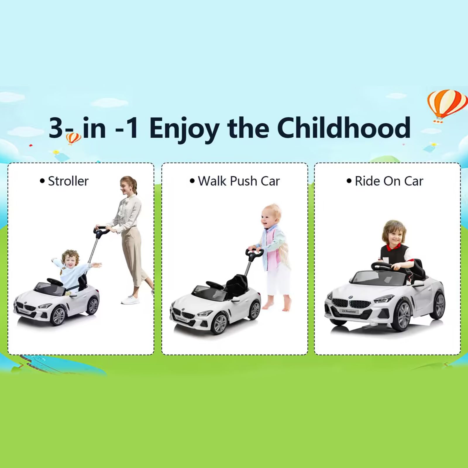 BMW Z4 Licensed Push Ride-On Car for Toddlers 1-3 Years - Adjustable Push Rod, Fun Horn & Music, Silent Wheels - Perfect Baby Birthday Gift (White) | Indoor & Outdoor Play, First Driving Experience, Pretend Play Toy for Kids