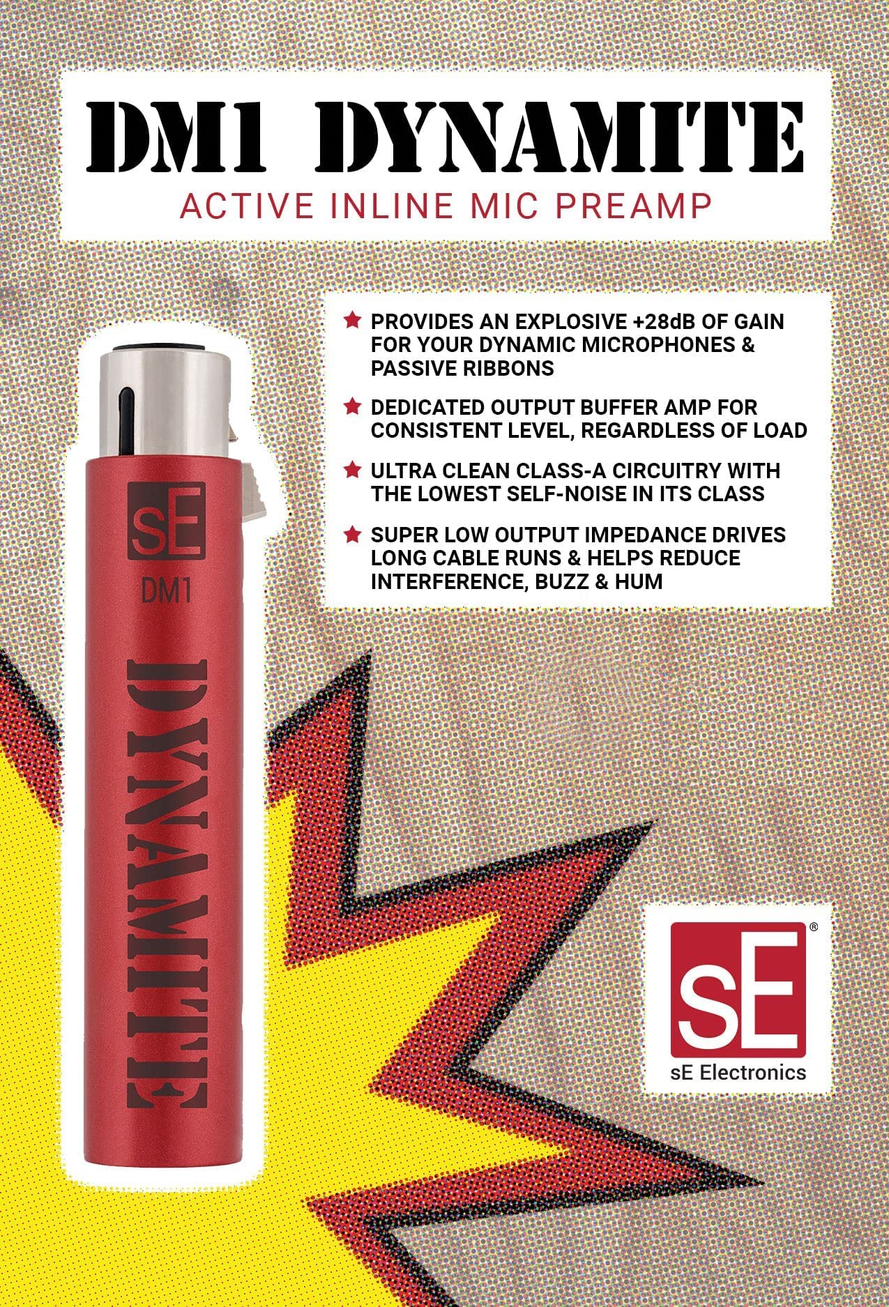 sE Electronics DM1 Dynamite Active In-line Microphone Preamp - 28dB Gain with 2x 20ft XLR Cables & 7-Pack Cable Ties | Professional Studio Recording, Podcasting & Live Sound Enhancement