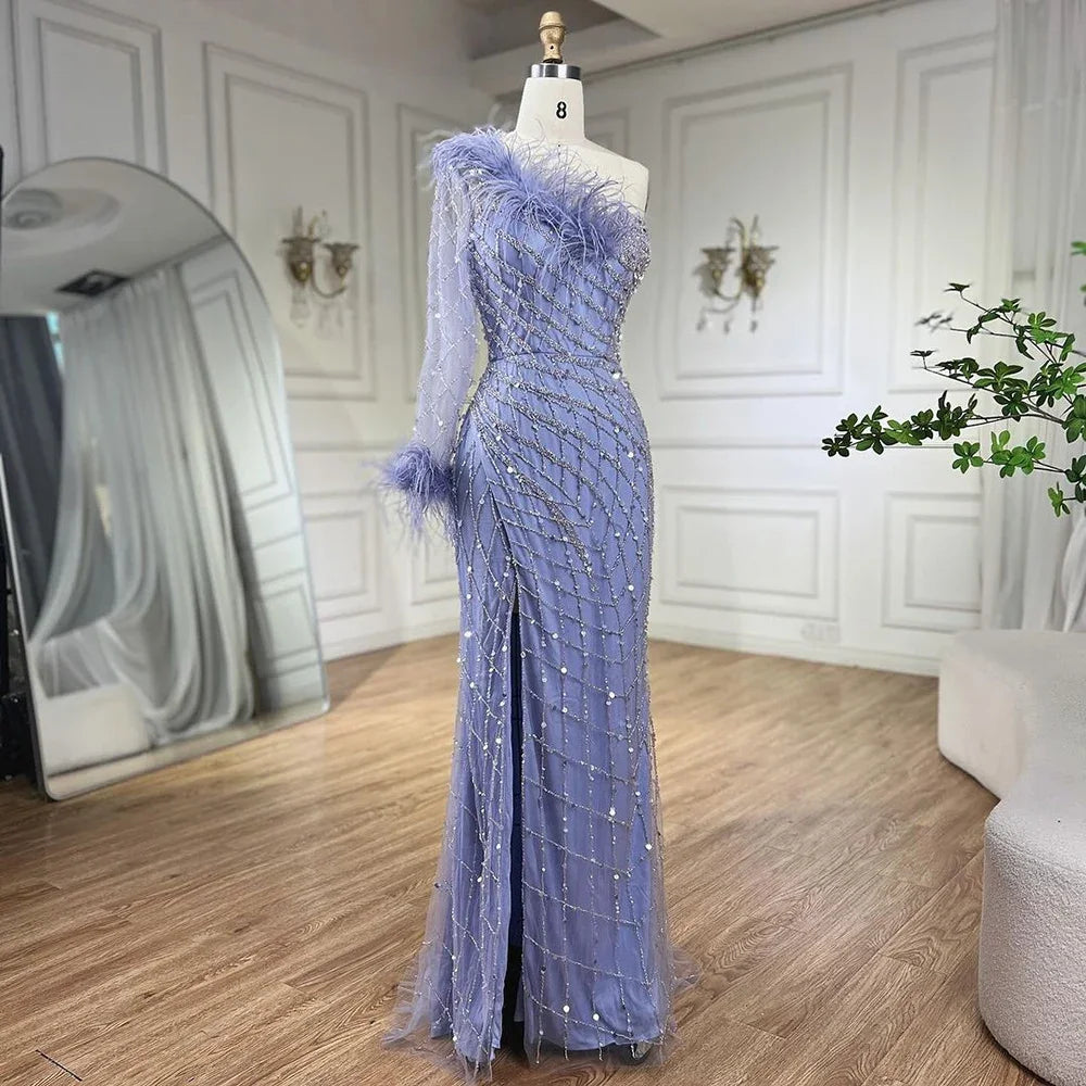 Elegant Blue One Shoulder Mermaid Evening Dress with Beaded Feather Details - Luxury Women's Formal Gown for Prom, Wedding & Special Occasions - Serene Hill Collection LA71612