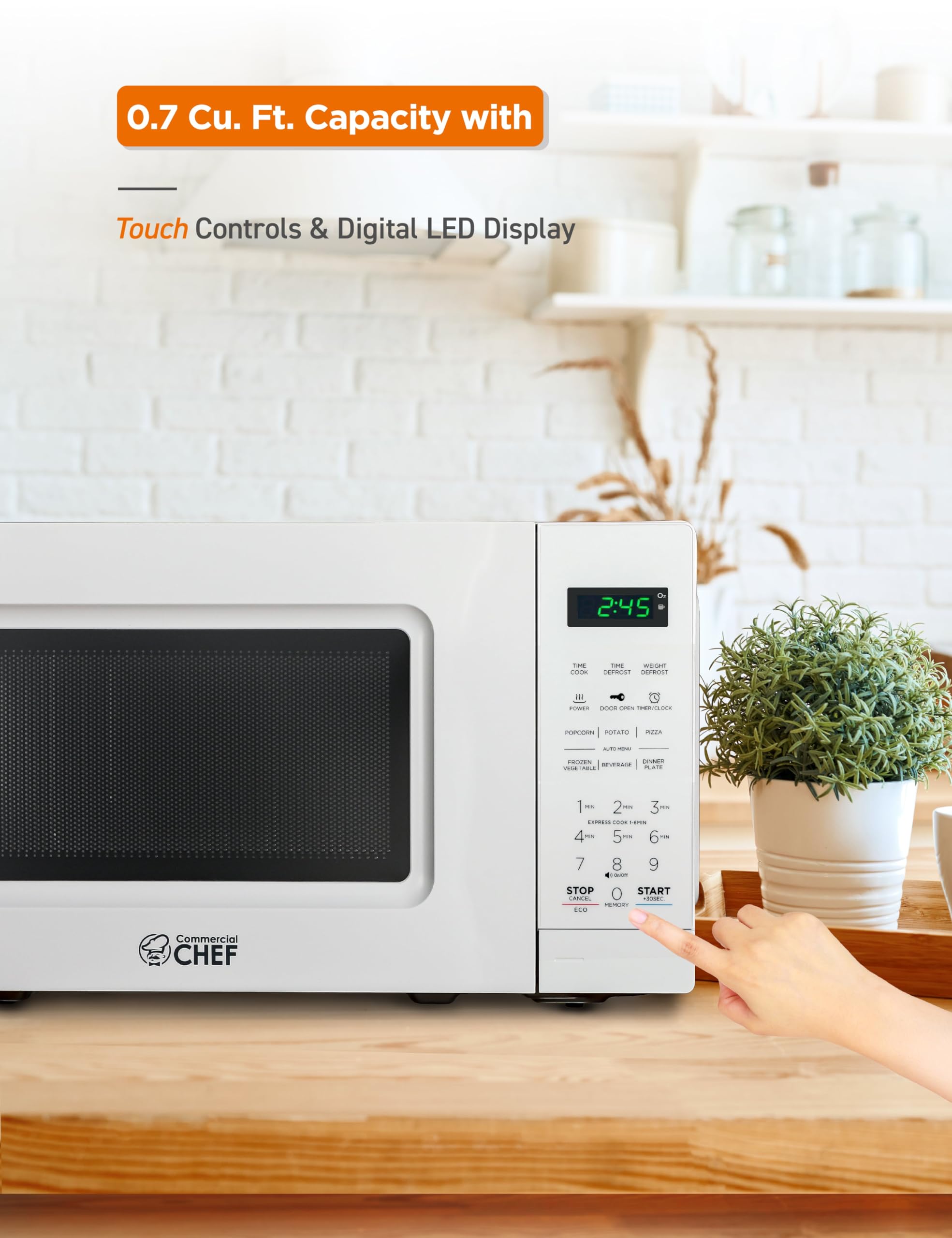 Commercial Chef 0.7 Cu Ft Countertop Microwave Oven - 700W with 10 Power Levels, Digital Display & Child Safety Lock - Perfect for Dorms, Offices & Small Kitchens - White
