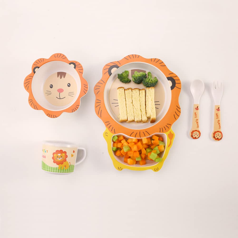 Eco-Friendly Bamboo Kids Dinnerware Set - 5 Piece Plate, Bowl, Cup, Fork & Spoon (Lion Design) | Durable & Safe for Toddlers Mealtime, Picnics & Travel