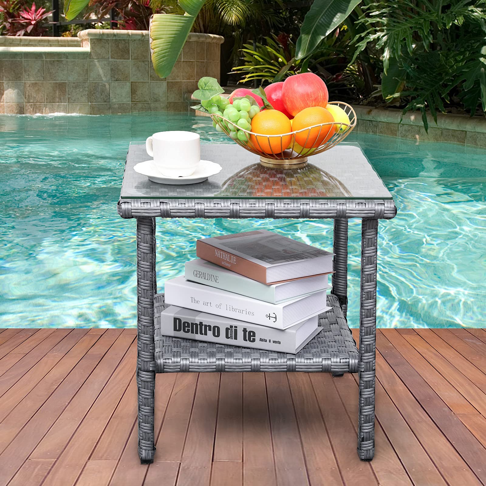 Valita PE Wicker Side Table - Outdoor Resin Rattan Square End Table with Glass Top & 2 Shelves - Gray - Perfect for Patio, Garden, Poolside & Balcony Furniture Decor