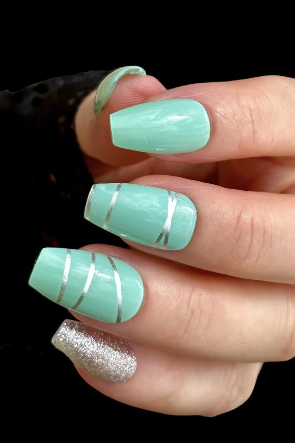 22 Premium Semi-Cured Gel Nail Polish Strips with Application Accessories - Teal, Silver Lines & Glitter for Stunning Nail Art | Perfect for Parties, Weddings & Special Occasions