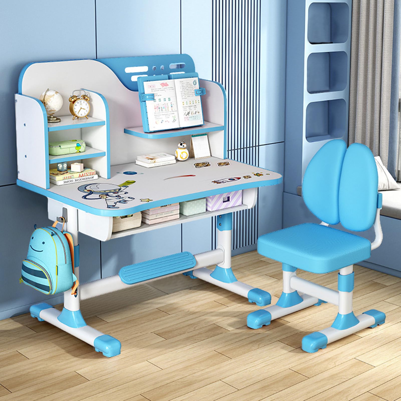 Adjustable Kids Study Desk and Chair Set - Ergonomic Children's School Furniture with Writing Board, Bookshelf & Storage Drawer (Blue) - Perfect for Homework, Online Learning & Bedroom Organization