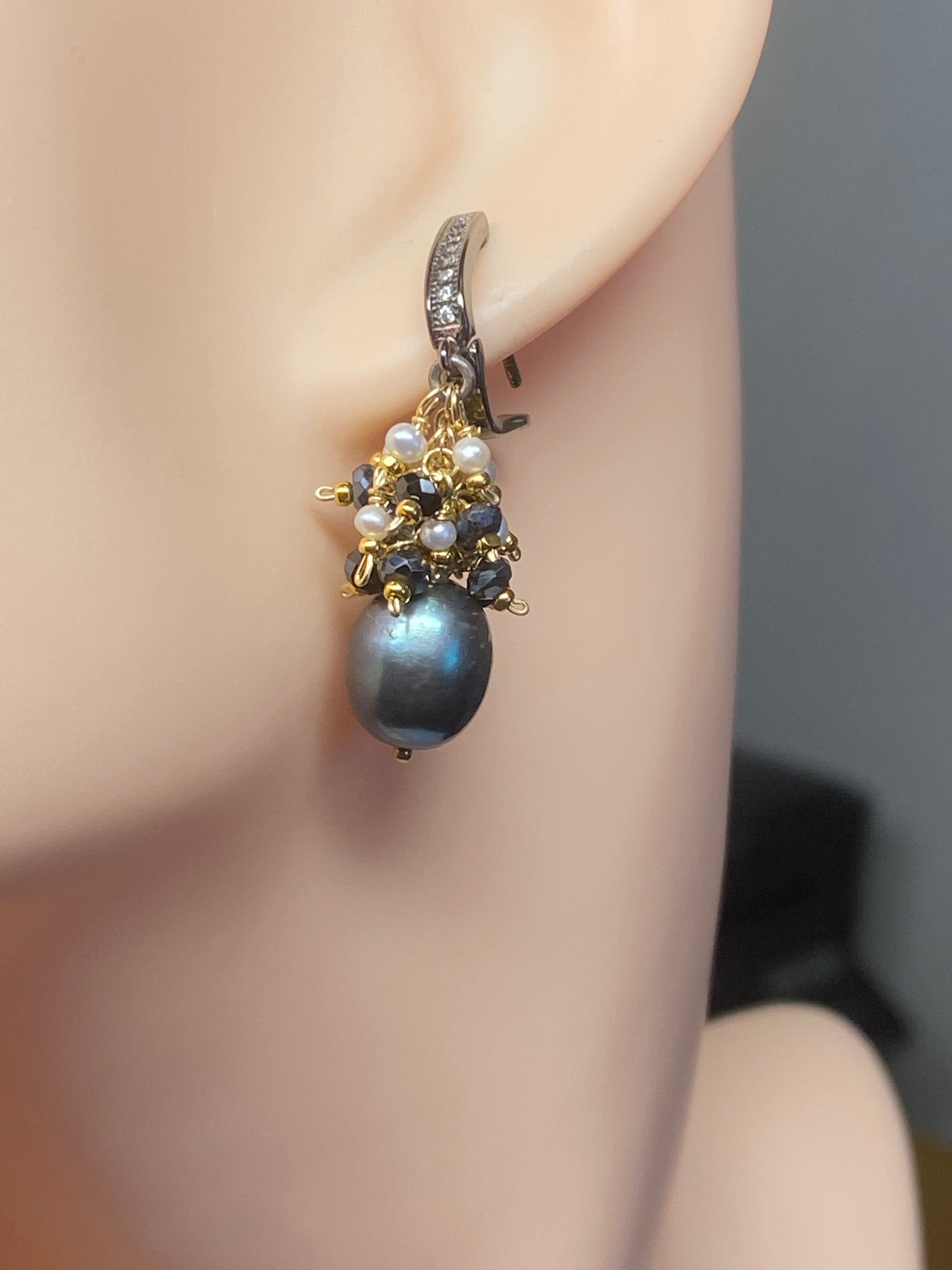 Elegant Black Pearl Earrings with White Pearl & Black Spinel Clusters - Lever Back Closure for Women | Perfect for Weddings, Parties & Evening Events