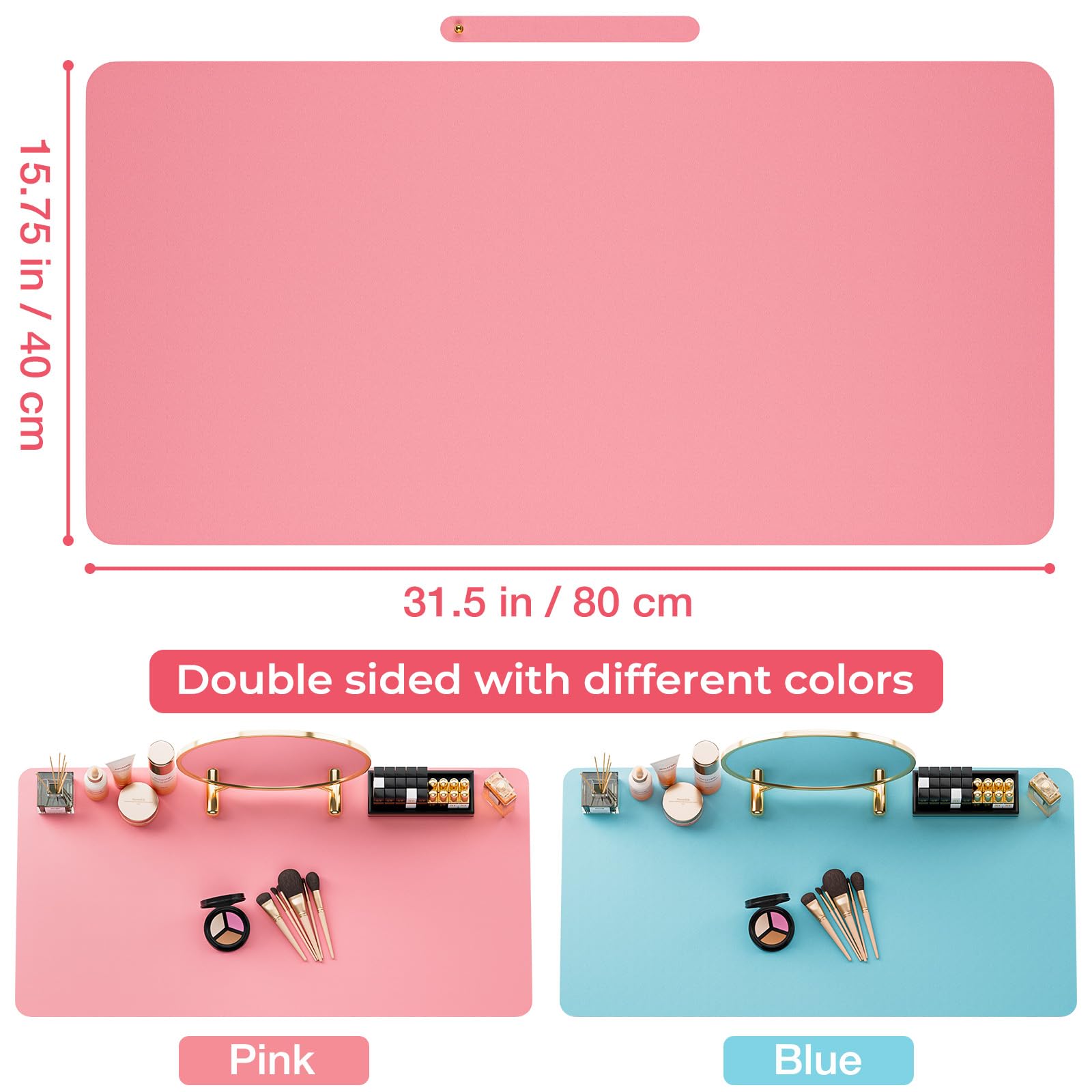 **Noverlife Large Waterproof Makeup Mat - Dual-Sided Vanity Protector & Nail Art Table Mat (31.5x15.7in) - Oilproof Leather Desk Pad for Beauty Essentials, Blue & Pink - Perfect for Dressing Tables, Salon Stations & Crafting**