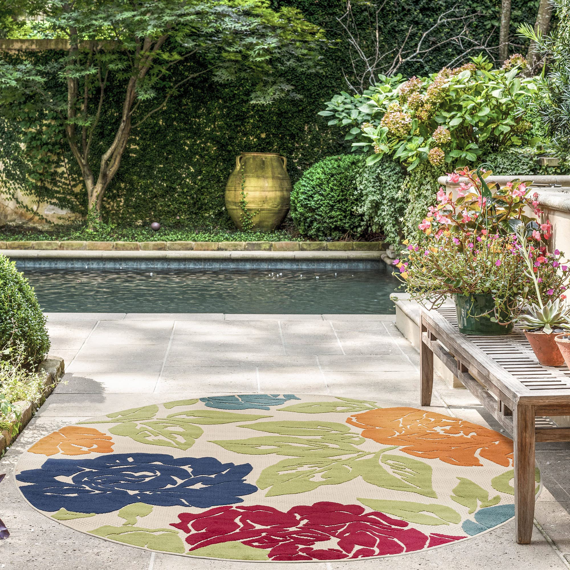 Owen Modern Floral Multi-Color 5-Foot Round Indoor/Outdoor Rug - Waterproof & Durable Floor Mat for Patio, Deck, Porch, Garden - Perfect for Outdoor Entertaining & Home Decor