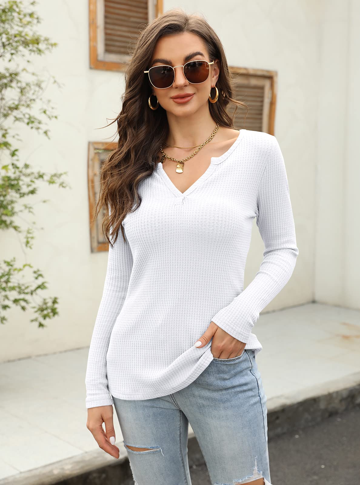 Women's V-Neck Waffle Knit Henley Long Sleeve Pullover Sweater - Casual Comfort Top for Fall & Winter, Perfect for Layering, Office Wear & Weekend Outfits
