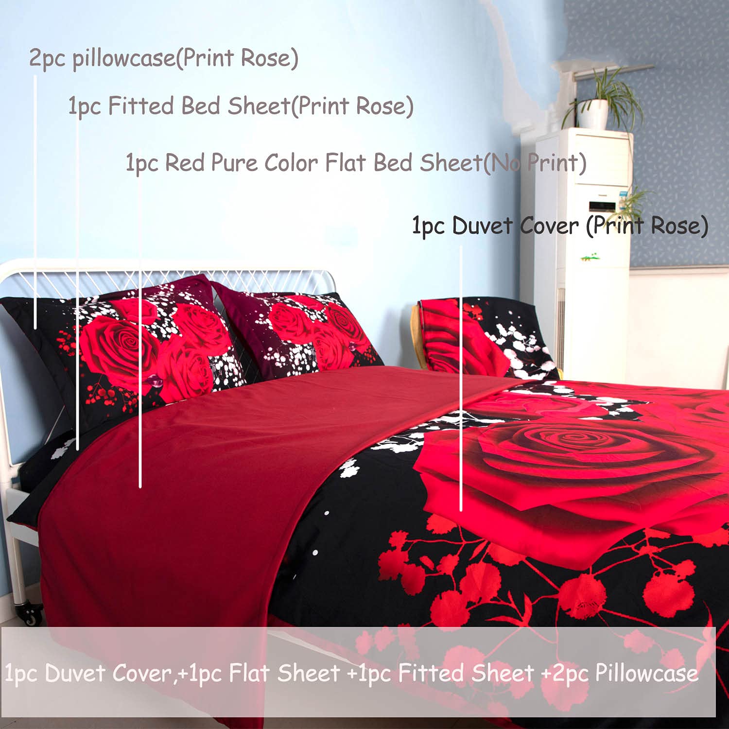 5-Piece 3D Rose Floral Duvet Cover Set King Size - Red Rose Wedding Bedding Includes 1 Duvet Cover, 1 Flat Sheet, 1 Fitted Sheet & 2 Pillow Shams - Luxury 3D Floral Bedspread for Romantic Bedroom Decor