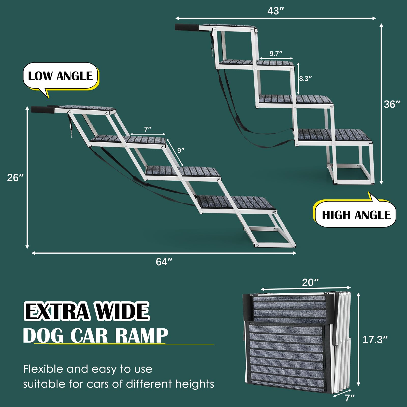 Extra Wide Dog Ramp for Cars & SUVs - Foldable 4-Step Aluminum Pet Stairs for Large Dogs up to 200 lbs - Lightweight Dog Steps for High Beds, Trucks & Vehicles with Non-Slip Rug (Perfect for Elderly Pets & Travel Accessories)