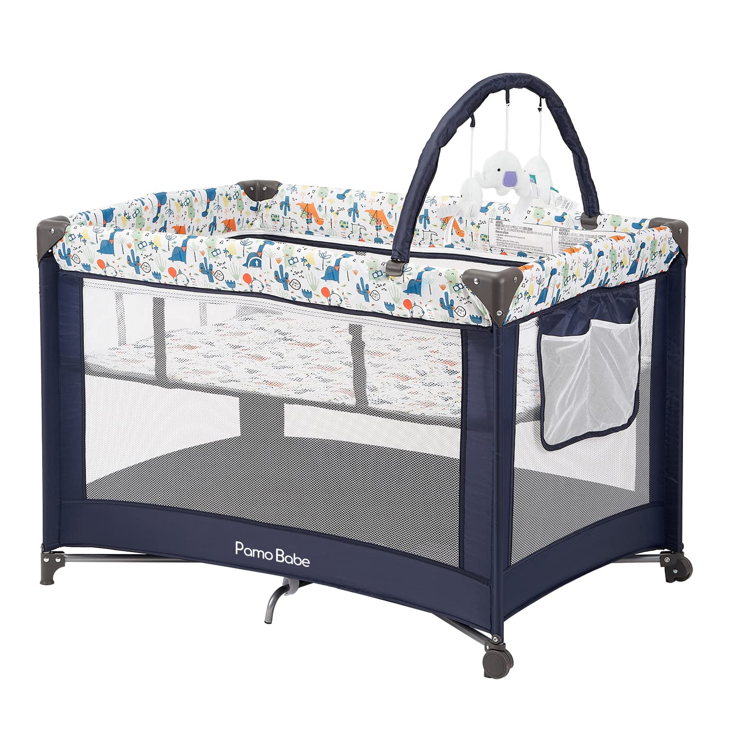 Pamo Babe Portable Baby Playpen - Lightweight Playard with Mattress & Toy Bar, Includes Soft Dinosaur Toys - Perfect for Home, Travel & Daycare Use
