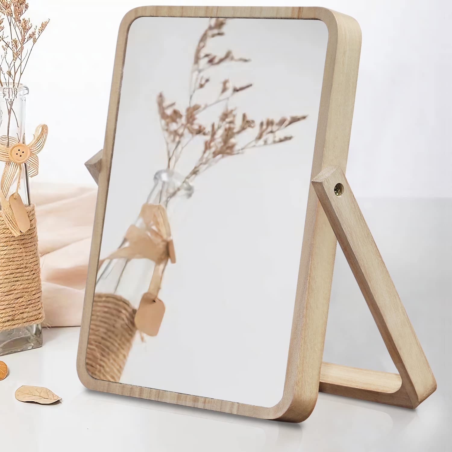 Vintage Wooden Vanity Mirror - Rustic Desk & Wall Makeup Mirror for Dorm, Farmhouse Bedroom, Bathroom & Living Room | Perfect for Makeup Application, Home Decor & Small Space Organization