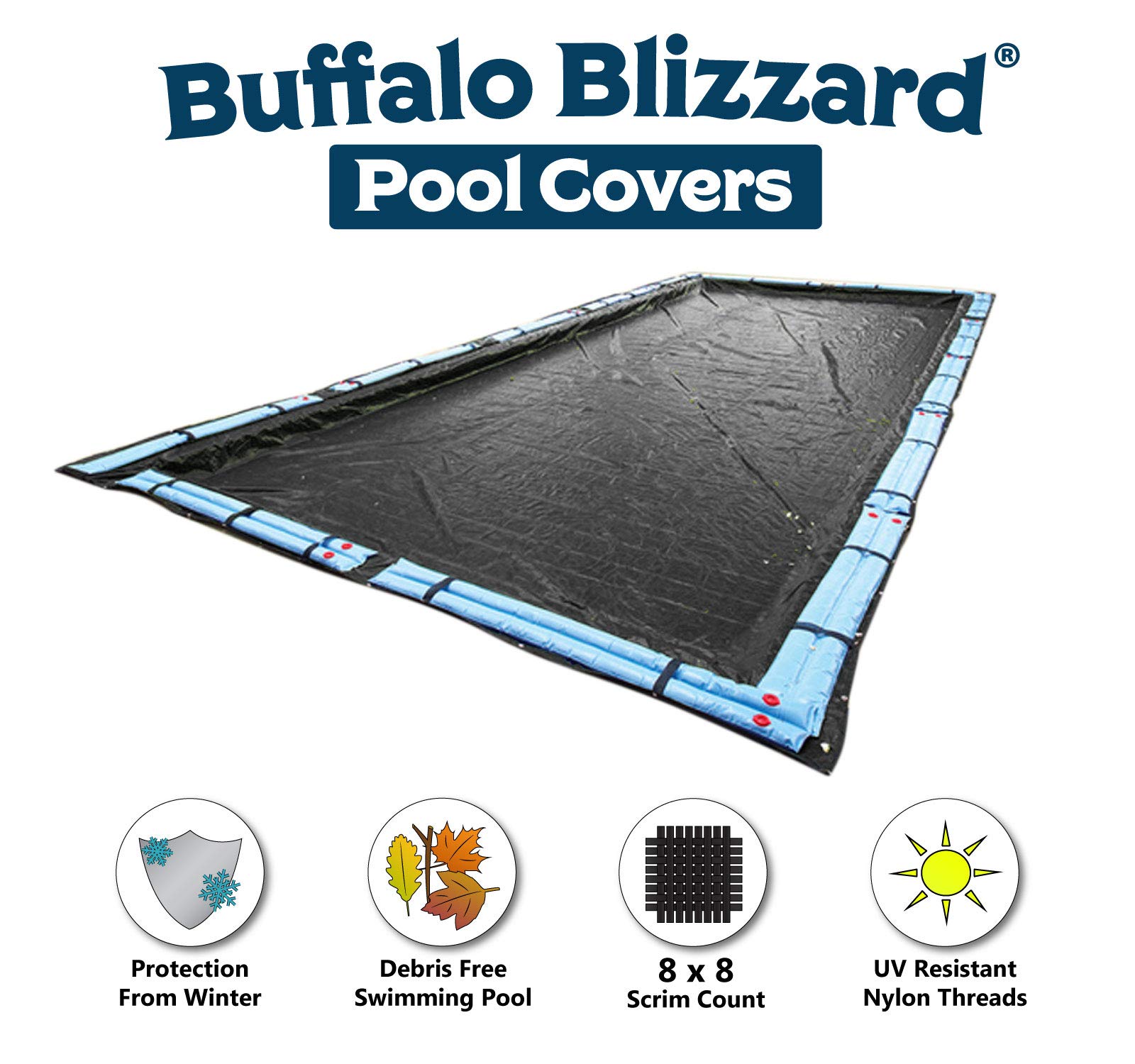 Buffalo Blizzard Deluxe Winter Pool Cover with Water Bags - 14x28 ft Rectangle In-Ground Swimming Pool Cover | Heavy Duty Blue/Black | 5 ft Overlap (19x33 ft) | Perfect for Winter Protection & Snow Load Resistance